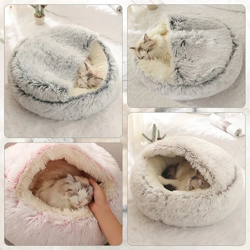 🐾 Soft Plush Cat Bed – Warme runde Katzenhöhle mit Deckel | 2-in-1 Nest für Katzen & kleine Hunde