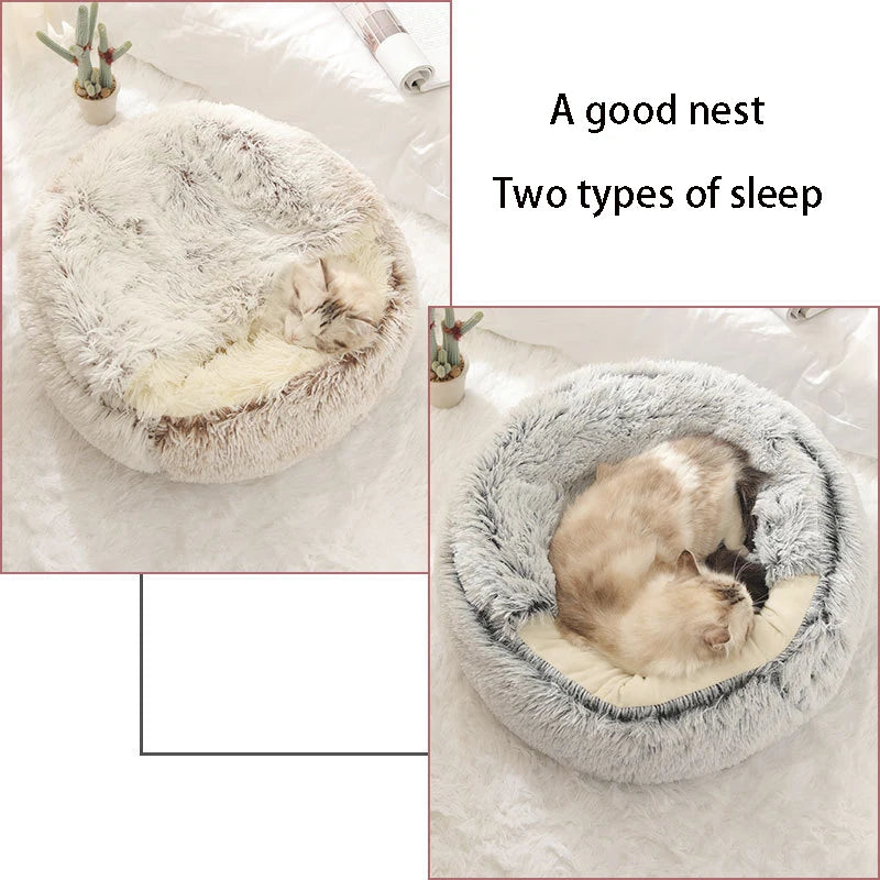🐾 Soft Plush Cat Bed – Warme runde Katzenhöhle mit Deckel | 2-in-1 Nest für Katzen & kleine Hunde