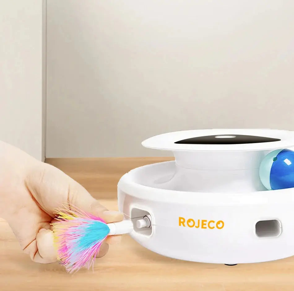 ROJECO 2-in-1 Elektrisches Katzenspielzeug – Automatischer Federball & Fun-Ball | Smart Interaktives Spielzeug mit 5 Modi für Katzen & Hunde PawPaw