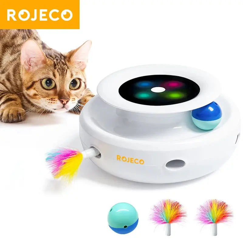 ROJECO 2-in-1 Elektrisches Katzenspielzeug – Automatischer Federball & Fun-Ball | Smart Interaktives Spielzeug mit 5 Modi für Katzen & Hunde PawPaw