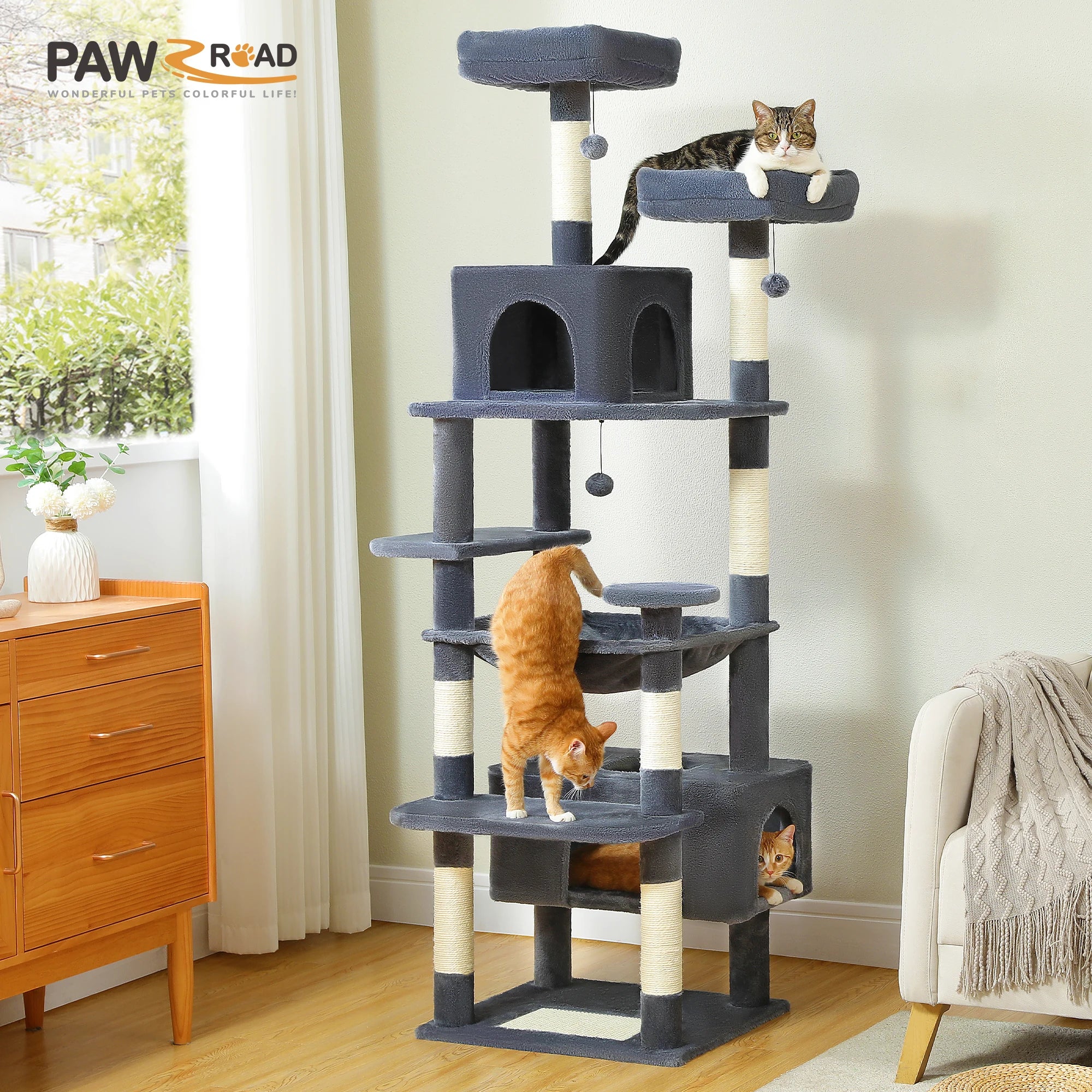 🐾 Large Cat Tree & Tower – Großer Kratzbaum für Wohnungskatzen | Sisalpfosten, Hängematte, gepolsterte Liegeflächen & Spielzeug