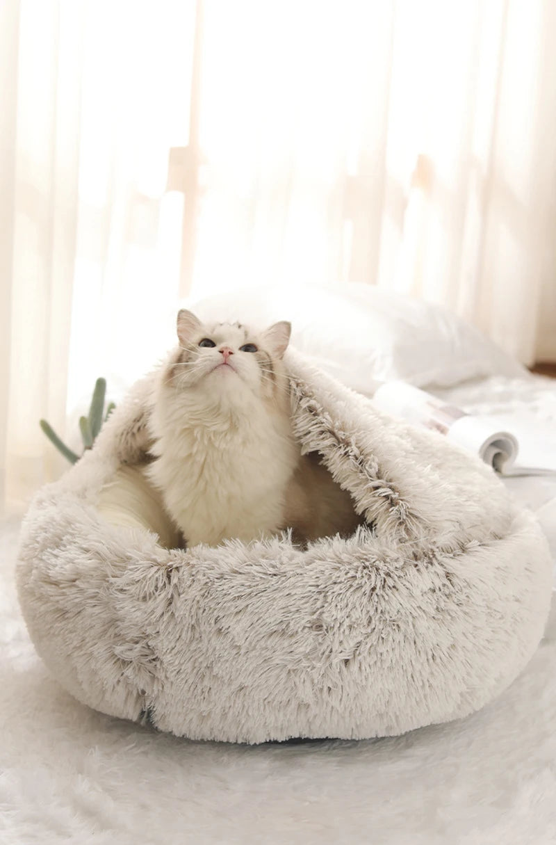 🐾 Soft Plush Cat Bed – Warme runde Katzenhöhle mit Deckel | 2-in-1 Nest für Katzen & kleine Hunde
