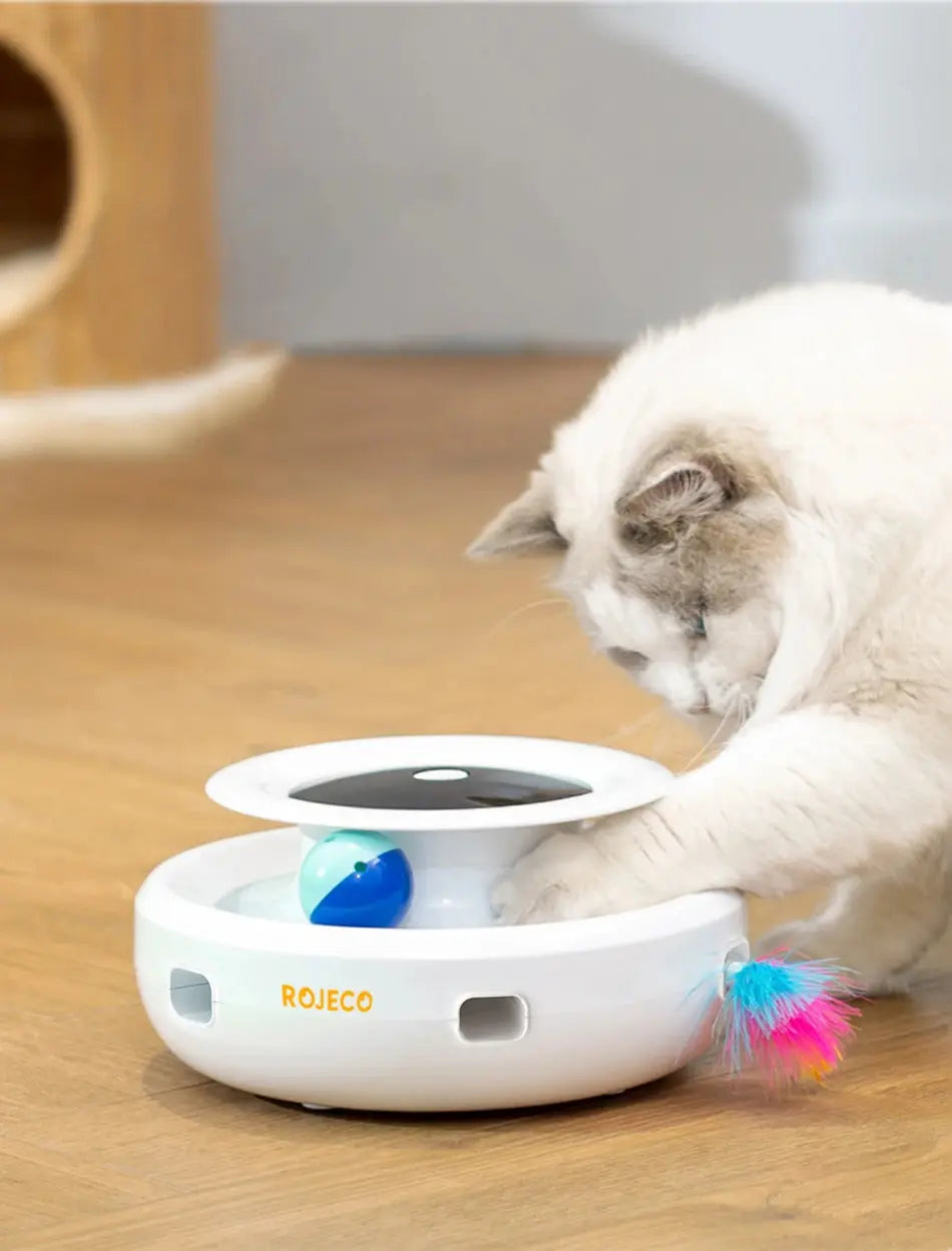 ROJECO 2-in-1 Elektrisches Katzenspielzeug – Automatischer Federball & Fun-Ball | Smart Interaktives Spielzeug mit 5 Modi für Katzen & Hunde PawPaw