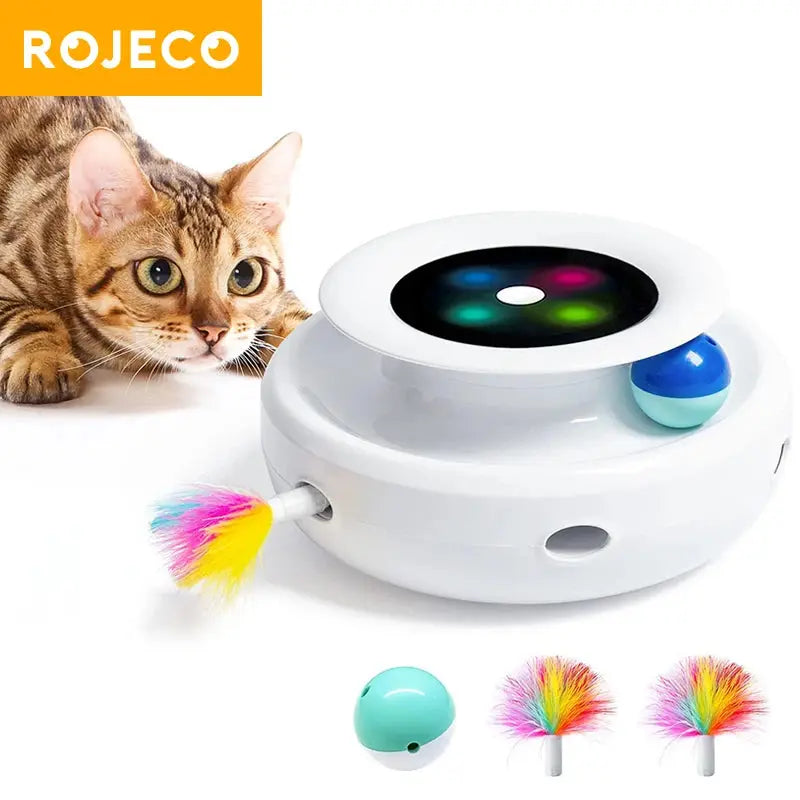 ROJECO 2-in-1 Elektrisches Katzenspielzeug – Automatischer Federball & Fun-Ball | Smart Interaktives Spielzeug mit 5 Modi für Katzen & Hunde PawPaw