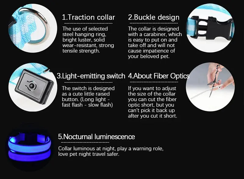 LED Hundehalsband & Leine – Leuchtendes Nylon Sicherheitsband | Glow-in-the-Dark Halsband für Hunde – Sichtbarkeit bei Nacht PawPaw