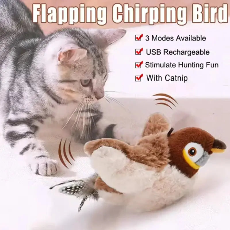 Interaktiver Vogel für Katzen – Flatternder Bird Toy mit Sound & Catnip | Realistische Flügelbewegung & Zwitschern | Simulation Sparrow Katzenspielzeug PawPaw