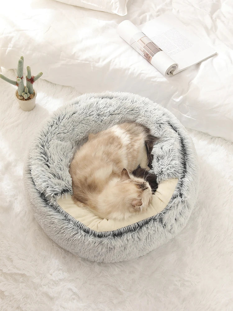 🐾 Soft Plush Cat Bed – Warme runde Katzenhöhle mit Deckel | 2-in-1 Nest für Katzen & kleine Hunde
