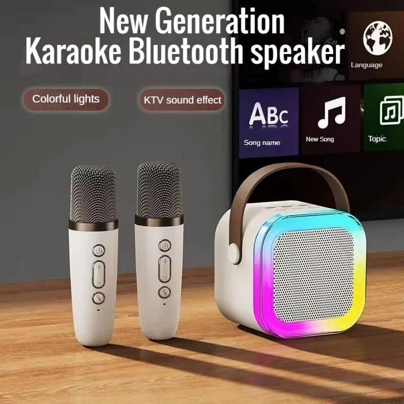 K12 Tragbarer Bluetooth 5.0 Karaoke-Lautsprecher – inklusive 2 Mikrofone | RGB-Licht, 6h Spielzeit, Familien-Karaoke & Kinder-Geschenke