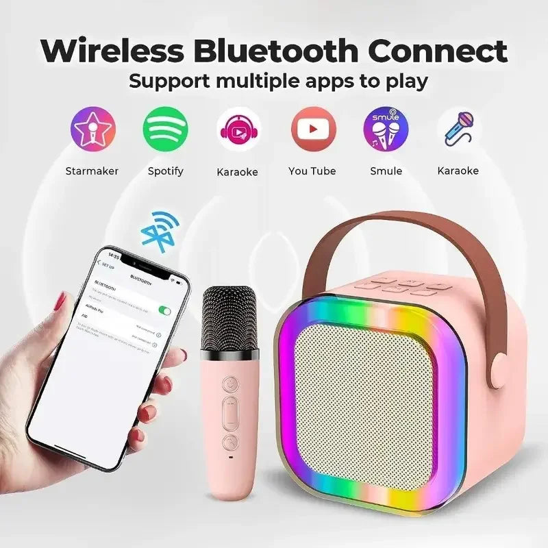 K12 Tragbarer Bluetooth 5.0 Karaoke-Lautsprecher – inklusive 2 Mikrofone | RGB-Licht, 6h Spielzeit, Familien-Karaoke & Kinder-Geschenke